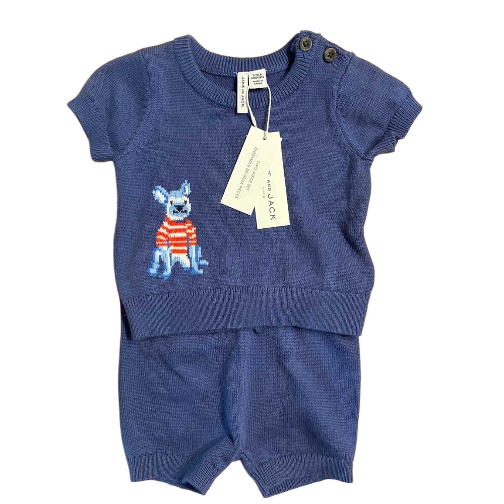 Janie and Jack Baby Blue Knit French Bulldog Sweater and Shorts Set 3-6 Months